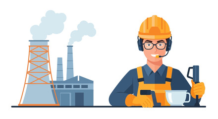 Illustration of industrial worker with hardhat and factory background scene