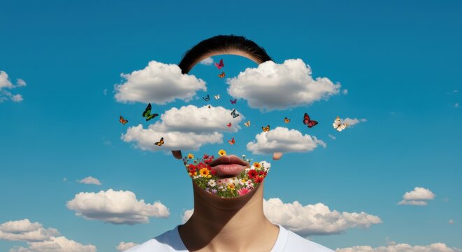 Surreal Portrait with Face Replaced by Sky, Flowers, and Butterflies – Artistic Collage