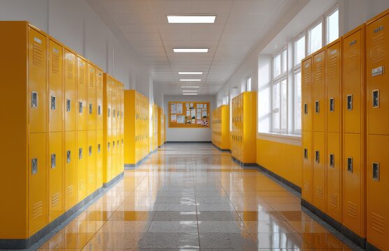 Empty school corridor with yellow lockers and notice board - Powered by Adobe