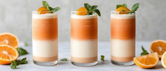 Layered orange drinks in clear glasses. Decorated with mint leaves and orange slices. Refreshing craft beverages with light background.