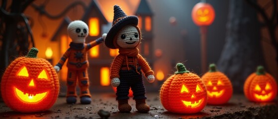 Crochet Skeleton Figures Surrounded by Glowing Pumpkins in a Festive Halloween Setting