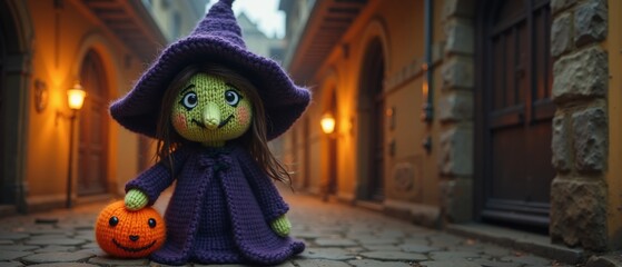Crochet Witch Doll With Pumpkin in Quaint Cobbled Street During Twilight