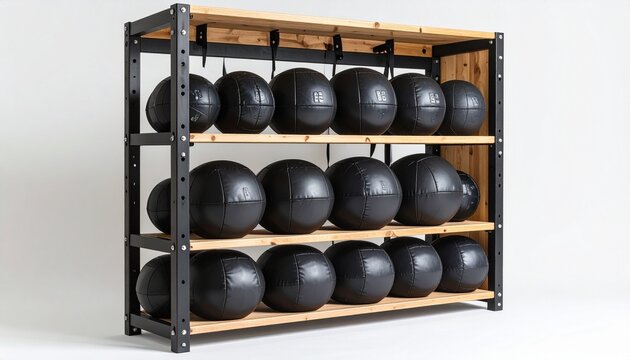 Medicine balls neatly organized on a wooden and metal rack, ready for exercise and strength training in a gym or fitness studio with a clean, minimal aesthetic.