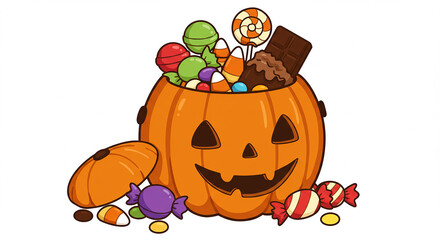 かぼちゃ型バスケットとカラフルなお菓子（可愛いイラスト）