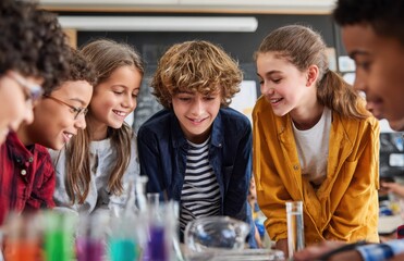 Elementary school students conducting a science experiment in class