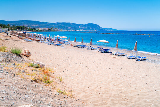 Beautiful sandy beach in Latchi, Polis, Cyprus. The most beautiful white sand beaches and turquoise sea in Cyprus.