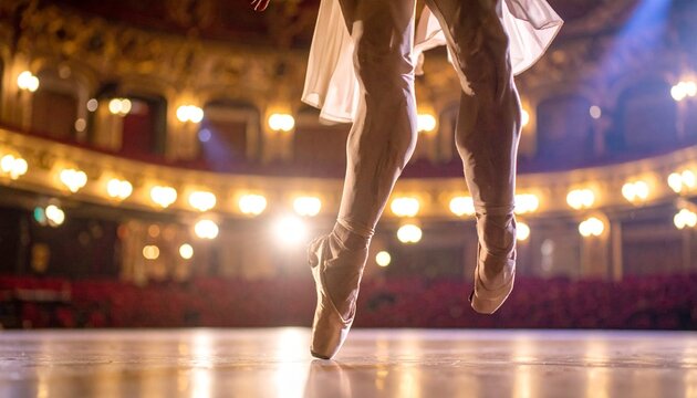 A ballerina performs on stage in pointe shoes, showcasing grace and strength under the warm glow of theater lights, capturing the essence of ballet.
