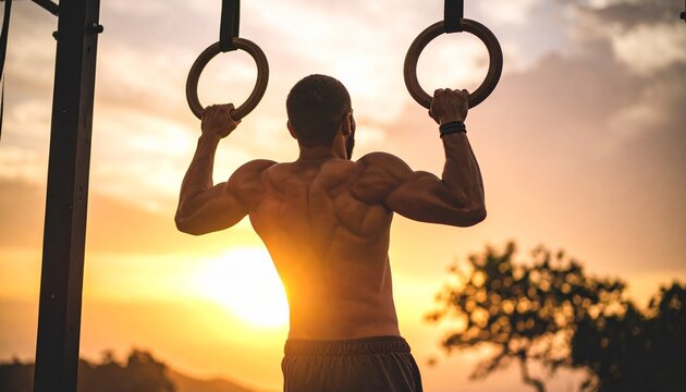 Strong shirtless man with muscular back training outdoors on gymnastic rings during sunset, showcasing fitness, healthy lifestyle, and determination.