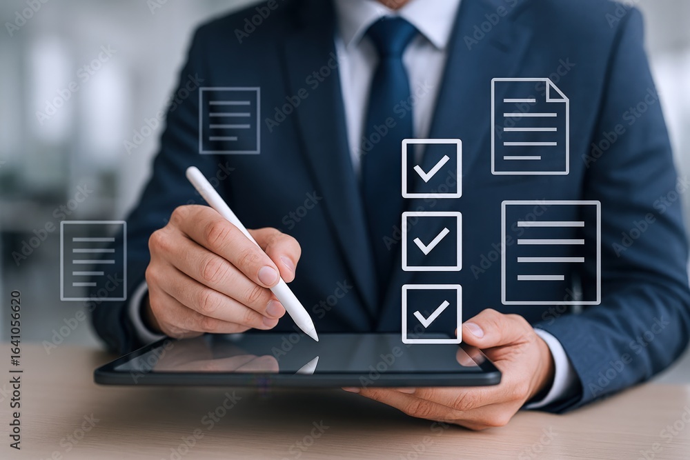 Poster Digital Checklist on Tablet: Businessman Completing Tasks Electronically with Stylus for Efficient Workflow
