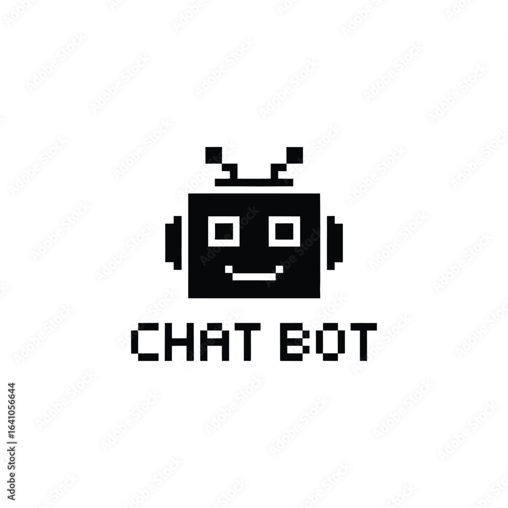 Poster pixelated chat bot icon with antennae and smiling face