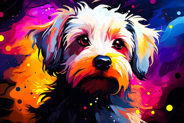 Cute fluffy dog painting, bright colors