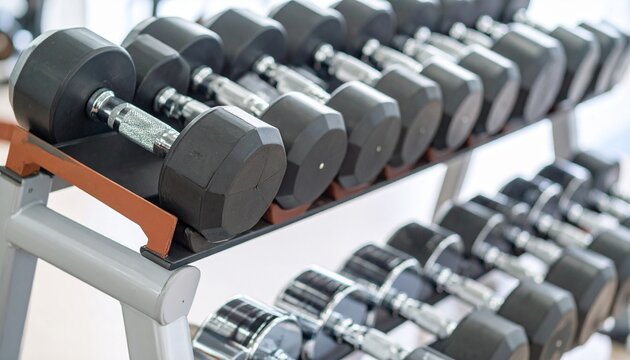 Row of dumbbells arranged on a rack in a fitness center, providing a variety of weight options for strength training exercises and promoting a healthy lifestyle.