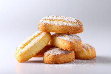 Golden Italian savoiardi biscuits stacked on light background, perfect for dessert recipes, coffee pairing, and bakery promotions.