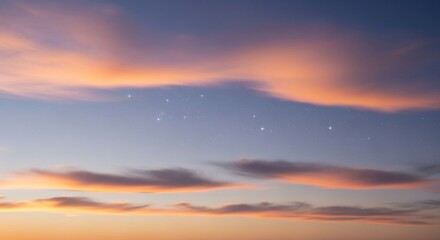 Fototapeta premium Celestial canvas serene sky with peach-tinted clouds and glimmering stars at twilight
