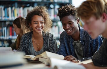 Happy students collaborating and studying together in library