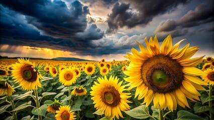 Photo of vibrant sunflowers in a field under a dramatic, stormy sky with dark clouds, contrasting with the bright yellow blooms and golden sunlight