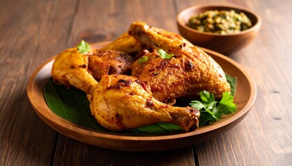 Savory roasted chicken legs and thighs garnished with herbs on a rustic wooden plate with green sauce. A delicious homemade meal.
