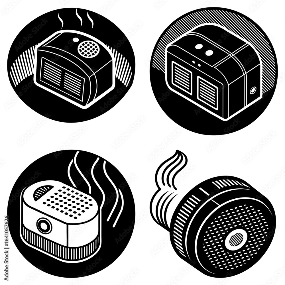 Poster four black and white isometric icons of humidifiers and diffusers on circular backgrounds displayed