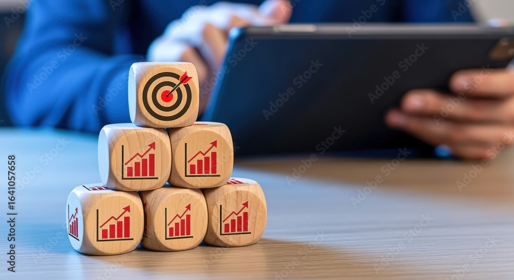 Poster business growth concept with wooden blocks showing target and increasing graph, person using tablet 