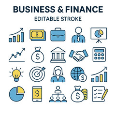 Obraz premium Business and Finance Icon Set with Editable Stroke for Presentations and Infographics Corporate Strategy and Investment Portfolio Diversification and Financial Planning