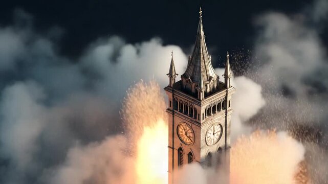 Tower in flames amidst dark clouds