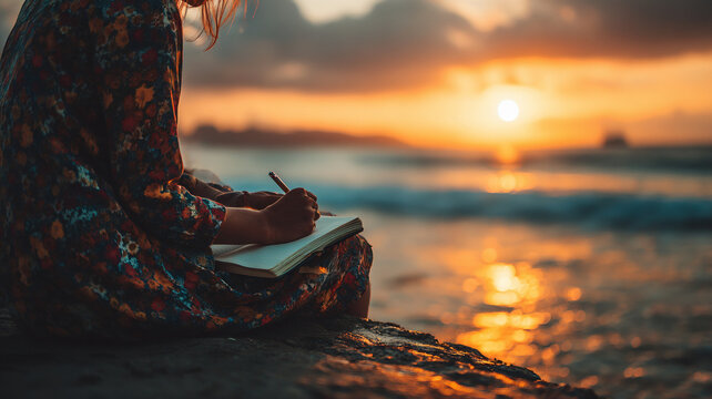 Silhouette of a Person writing in a journal at sunset on the beach.