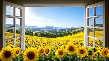 Obraz premium Sunflower field view from window