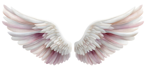 Obraz premium Soft pastel white angel wings with pink and blue gradient, isolated on white, symbolizing purity and fantasy.