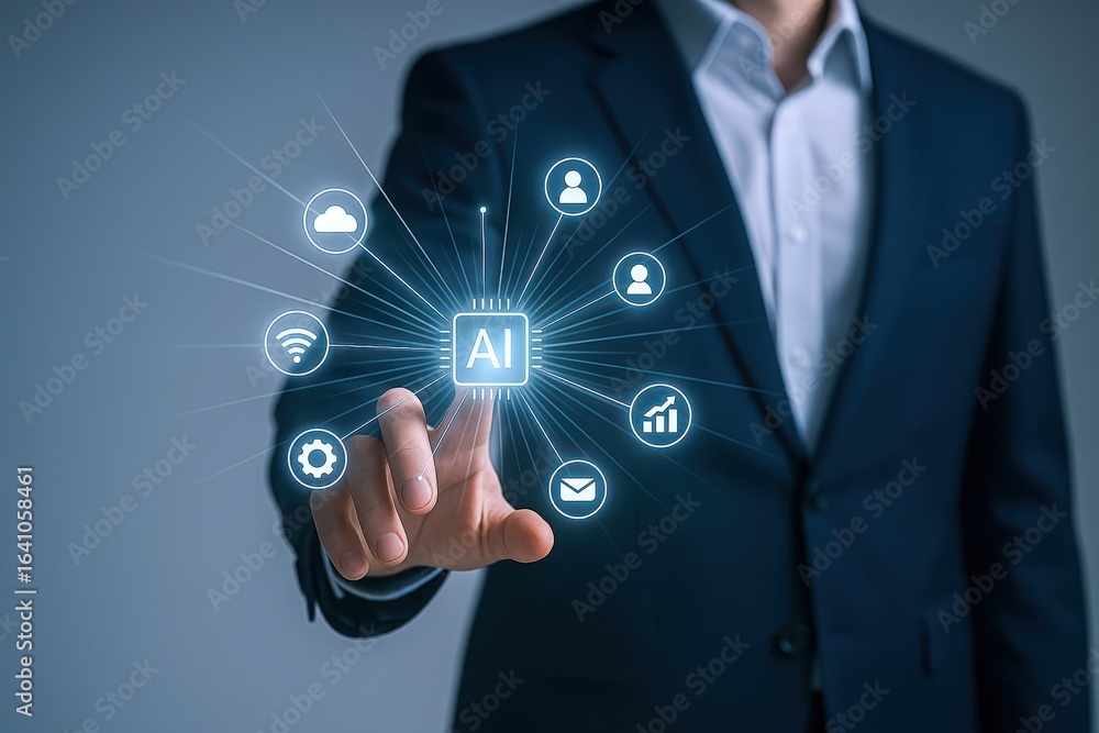 Poster artificial intelligence innovation: man interacting with ai interface hologram, showcasing future te