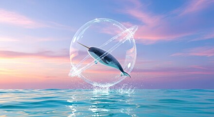 Enchanting narwhal escapade a whimsical underwater ballet captured in a bubble beneath a serene sky