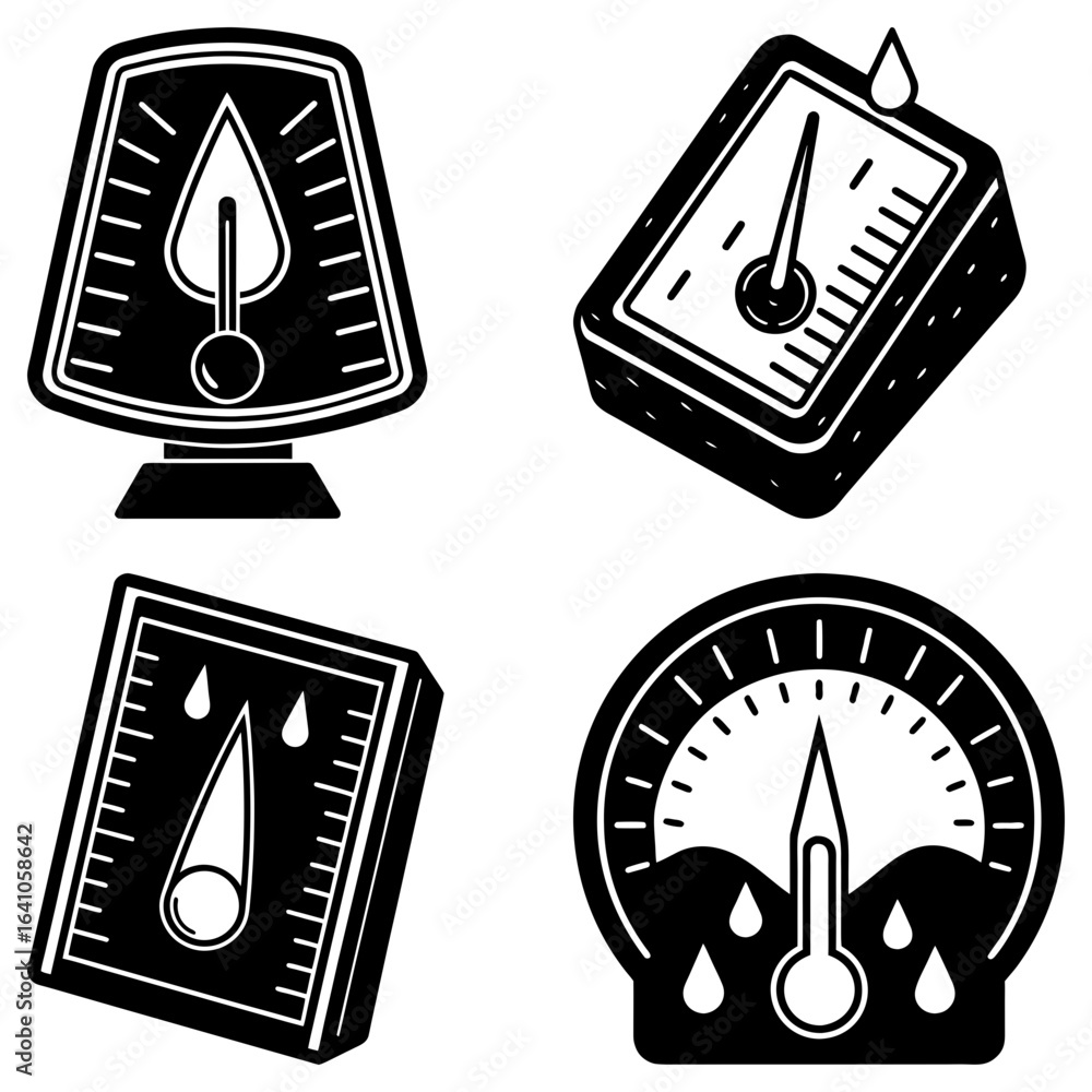 Poster collection of four black and white analog hygrometers showing different humidity levels in a graphic