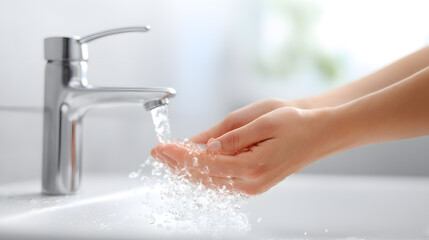Hands under tap washing with soap and water, promoting hygiene and health safety.