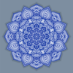 Vector abstract circular mandala design decorative element ethnic style. Blue line and white area for coloring. Shadow around of mandala. Arab, Islam, Indian, Chinese. Yoga illustration.