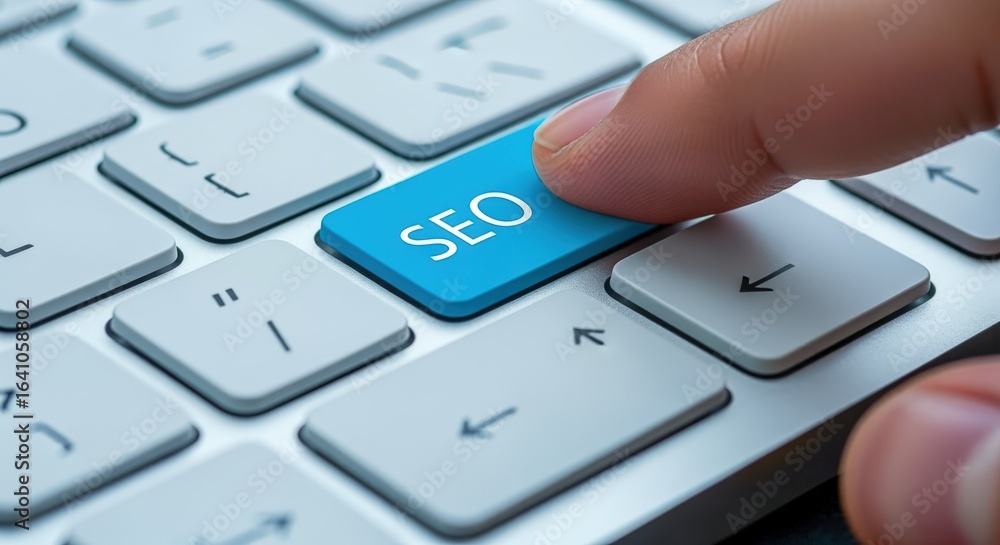 Poster pressing seo button on keyboard for search engine optimization strategies and website ranking improv