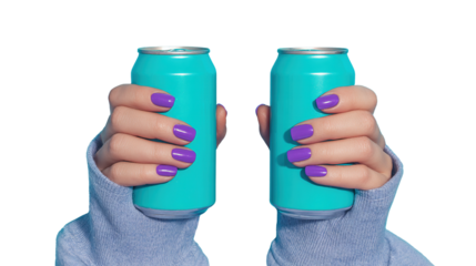 Aesthetic Hands Holding Turquoise Soda Cans with Purple Nails against a Black Background