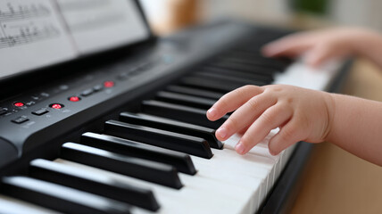 Fototapeta premium Child's hands playing a piano keyboard close-up.