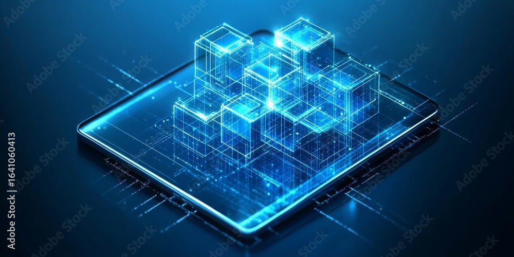 Aufkleber a 3d render of a device with glowing data cubes, ideal for websites or blogs about technology, data,