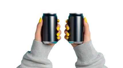 Person holding two sleek black cans with vibrant yellow nails on dark background