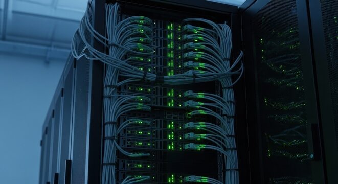 Network servers with glowing indicators and neatly arranged cabling in data center setting
