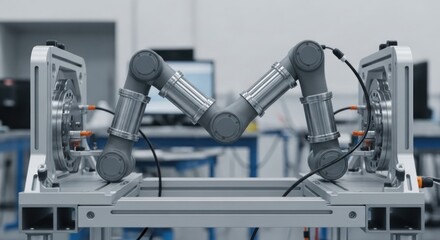 Robotic arms performing precision assembly and calibration in a high-tech industrial facility