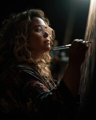 Obraz premium Artistic Woman Concentrating on Canvas with Brush in Hand Under Soft Light in Creative Studio Environment