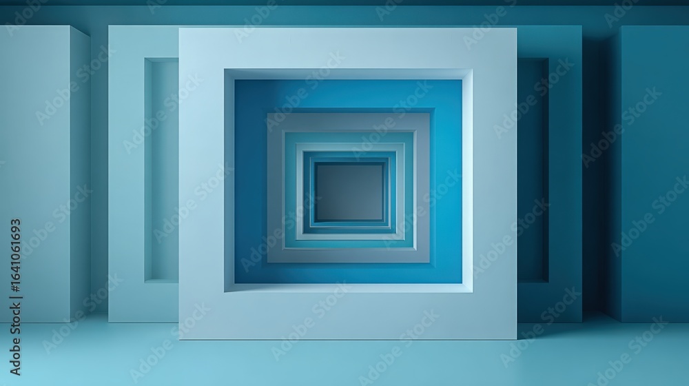 Poster Abstract Geometric Tunnel of Square Frames in Gradient Blue Color, Modern Architecture Background