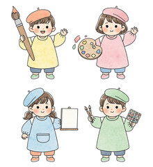 Four cheerful children engaged in artistic activities, holding paintbrushes, palettes, and tools, showcasing creativity and playful expression.