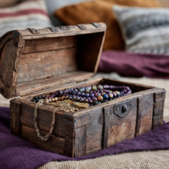 Open wooden chest with jewelry and beads spilling out