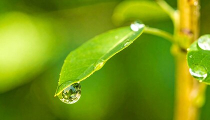 Close-up of a dewdrop clinging to a vibrant green leaf
