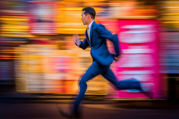 Fototapeta premium Running Businessman Wearing Dark Blue Suit in Cityscape Motion Blur, motion blur Business concept, motion bokeh background