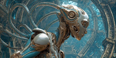 Fototapeta premium Futuristic Female Robot with Intricate Design against a Retro-Futuristic Background Featuring Gears and Curves in a Sci-Fi Environment