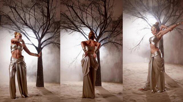 Dynamic poses with a demonstration of curves. The gold of the costume, the shine of the skin, the emphasis on the details of the movements in the dance composition.