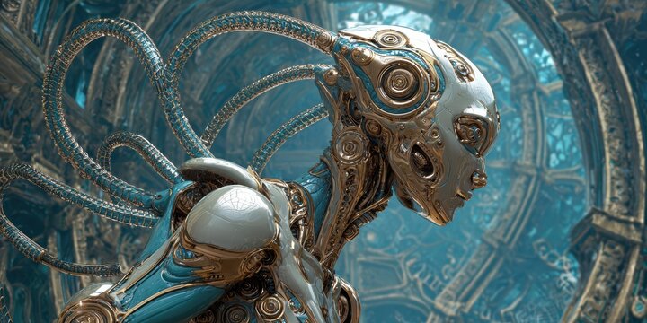 Futuristic Female Robot with Intricate Design against a Retro-Futuristic Background Featuring Gears and Curves in a Sci-Fi Environment