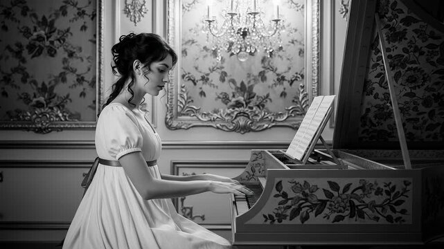 Young lady in Regency era dress plays harpsichord with elegance in ornate setting featuring elaborate wallpaper and chandelier